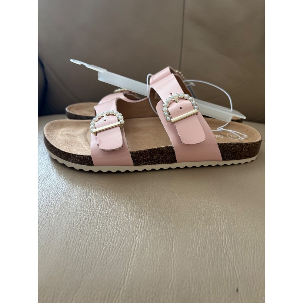 Cat & Jack Girls Pink Patent Pearl Buckle Cork Footbed Slide Sandals Size 2 NEW